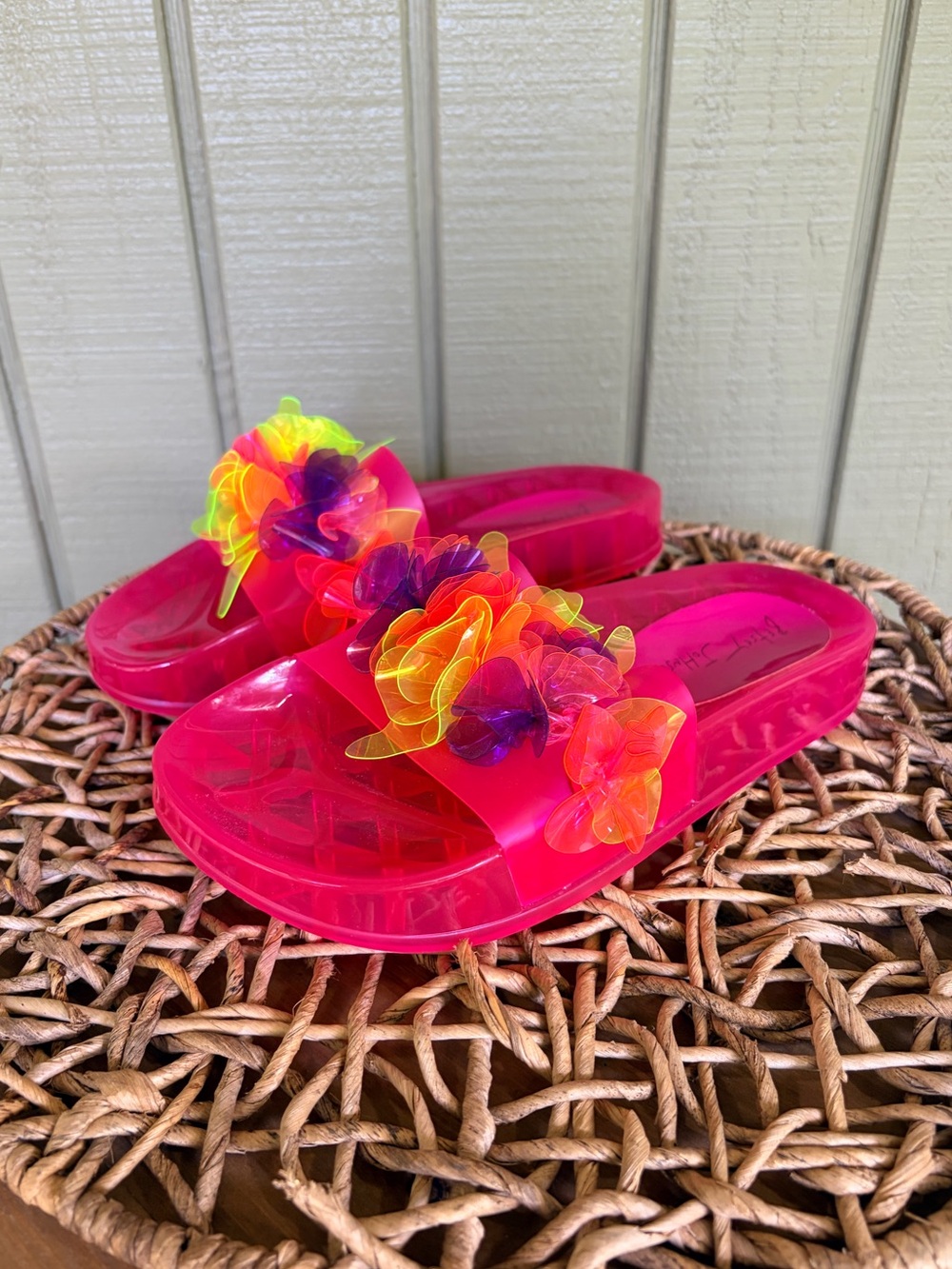 Betsey Johnson Luela Jelly Flower Slide Sandals Pink Neon Multi Size 6